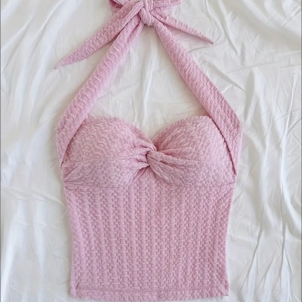 Pink Sleeveless Bustier Crop Top with Tie Front